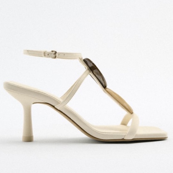 Zara ivory off white ecru brown stone detail strappy open toe heel sandals - Picture 10 of 10